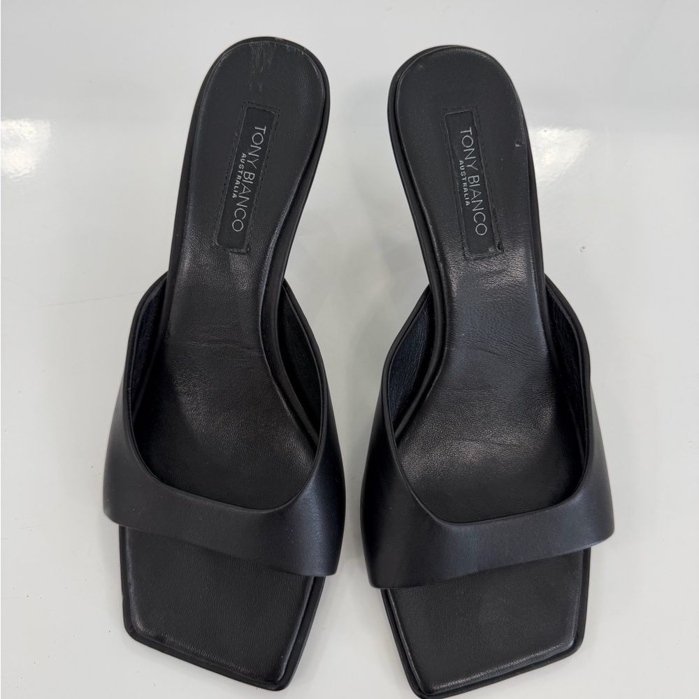Tony Bianco Black Leather Square Toe Kitten Heels - Picture 2 of 9